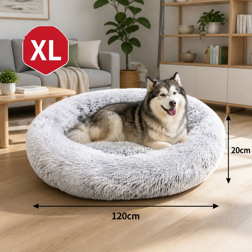 Dog Cat Pet Calming Bed Washable ZIPPER Cover Warm Soft Plush Round Sleeping 120cm