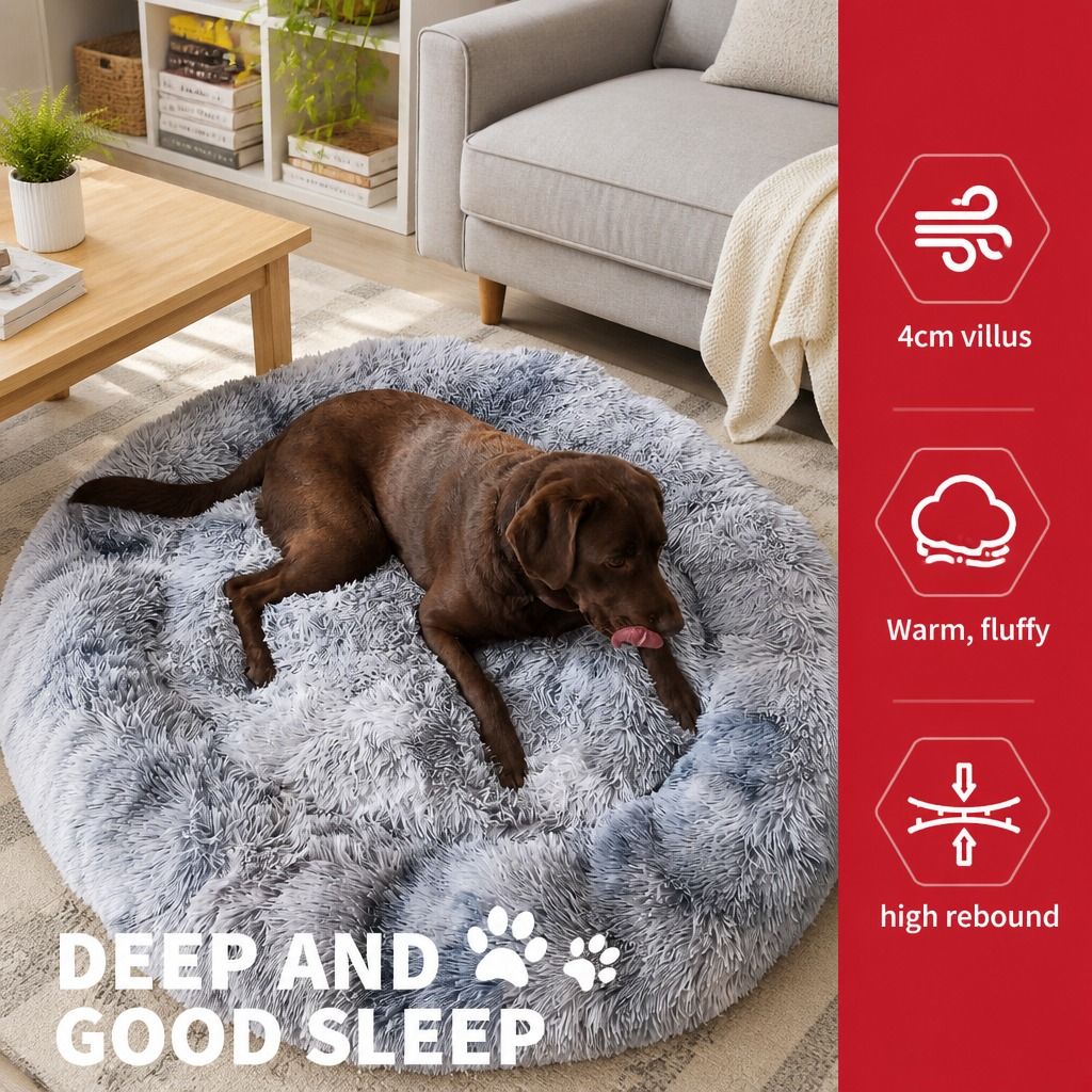 Dog Cat Pet Calming Bed Washable ZIPPER Cover Warm Soft Plush Round Sleeping 120cm
