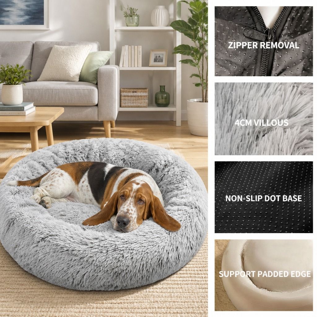 Dog Cat Pet Calming Bed Washable ZIPPER Cover Warm Soft Plush Round Sleeping 120cm
