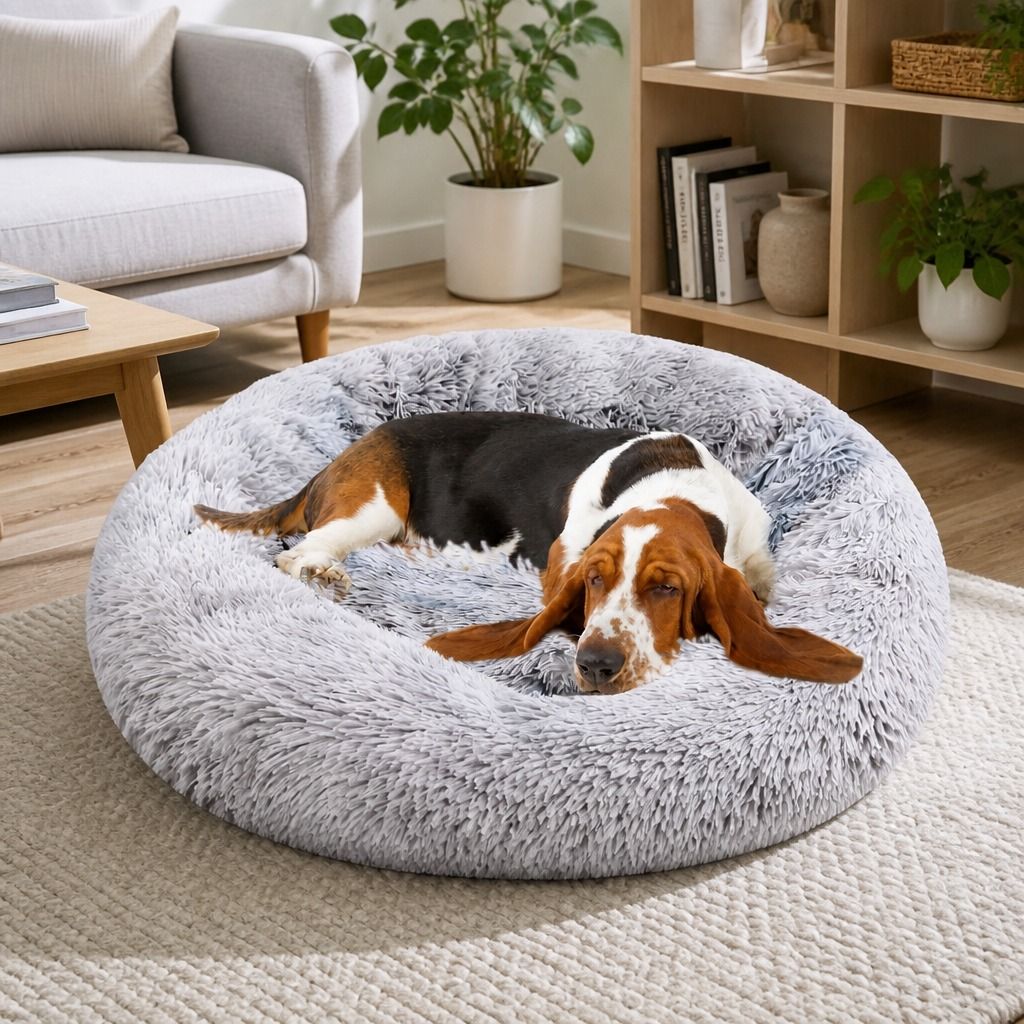 Dog Cat Pet Calming Bed Washable ZIPPER Cover Warm Soft Plush Round Sleeping 120cm