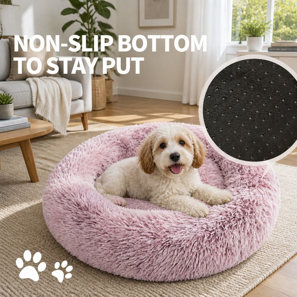 Cat Dog Pet Calming Bed Warm Soft Plush Round Nest Comfy Sleeping Kennel Cave AU