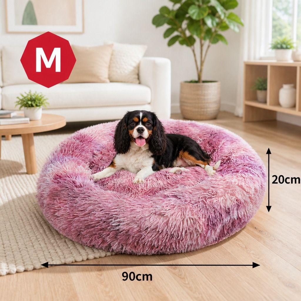 Dog Cat Pet Calming Bed Warm Soft Plush Round Nest Comfy Sleeping Kennel Cave 90
