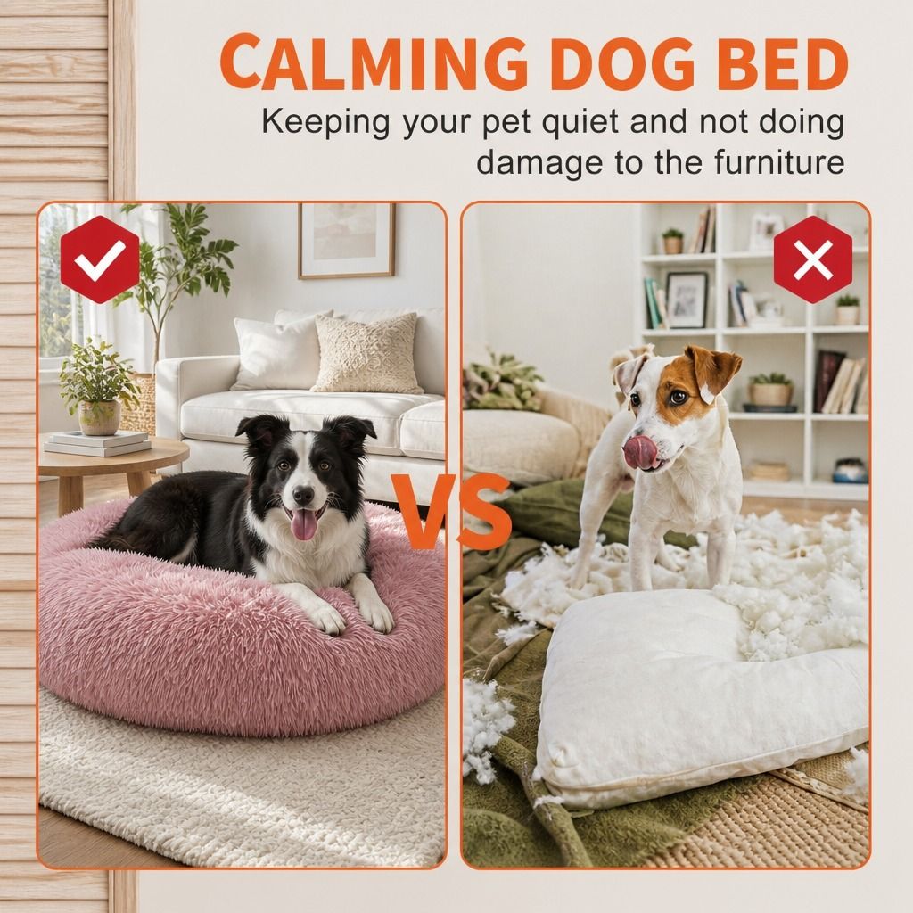 Dog Cat Pet Calming Bed Warm Soft Plush Round Nest Comfy Sleeping Kennel Cave 90