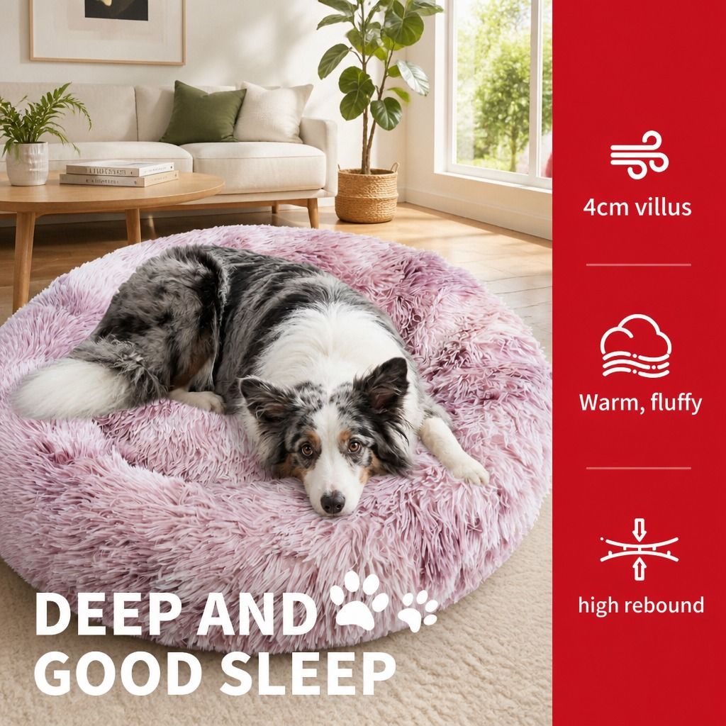 Dog Cat Pet Calming Bed Warm Soft Plush Round Nest Comfy Sleeping Kennel Cave 90