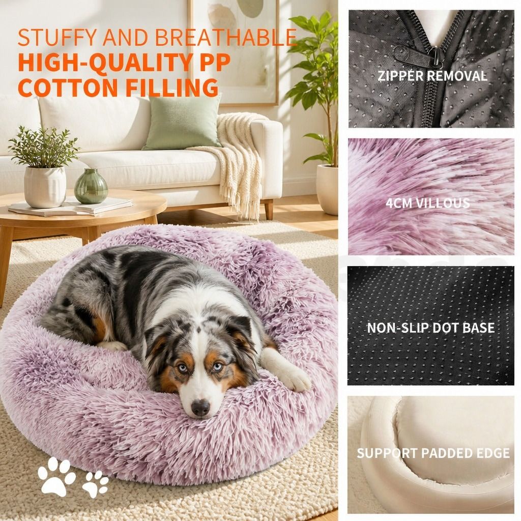 Dog Cat Pet Calming Bed Warm Soft Plush Round Nest Comfy Sleeping Kennel Cave 90