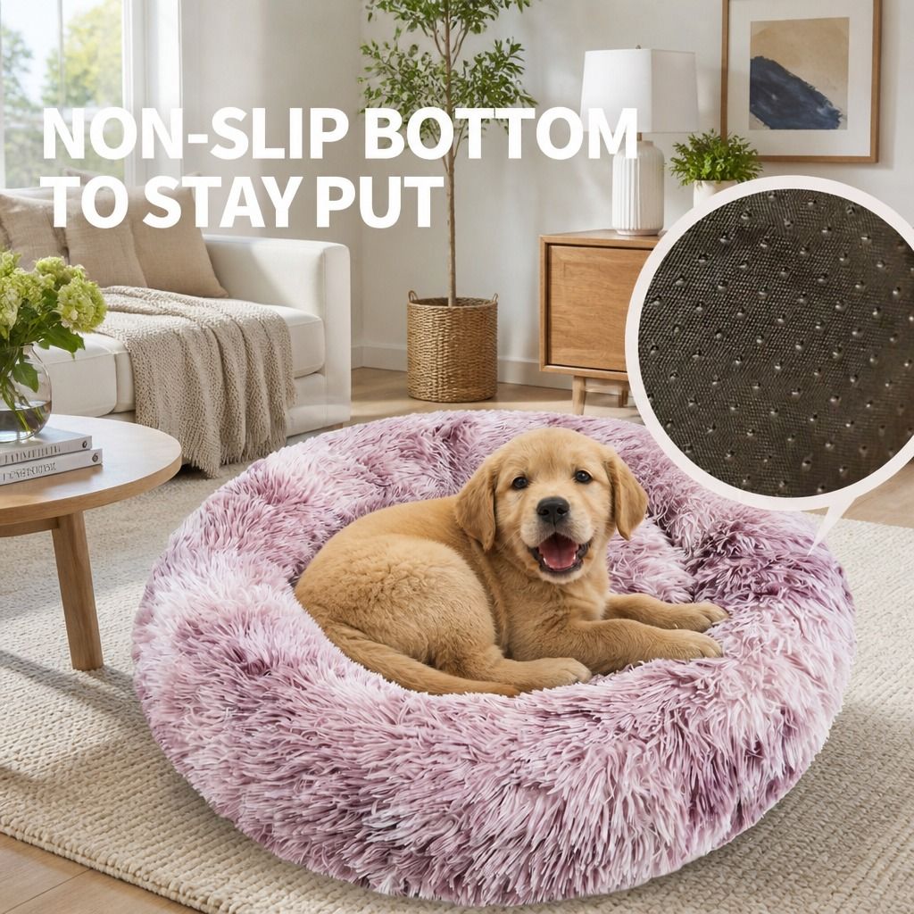 Dog Cat Pet Calming Bed Warm Soft Plush Round Nest Comfy Sleeping Kennel Cave 90