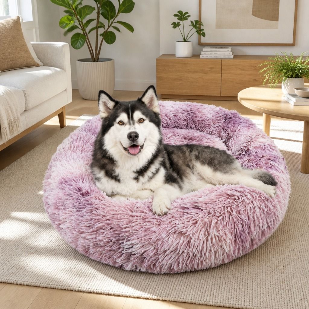 Dog Cat Pet Calming Bed Warm Soft Plush Round Nest Comfy Sleeping Kennel Cave 90