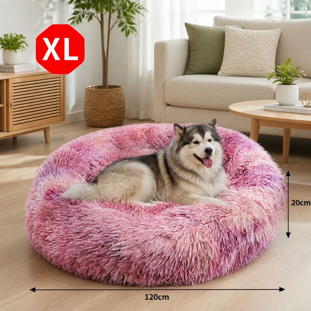 Dog Cat Pet Calming Bed Warm Soft Plush Round Nest Comfy Sleeping Cave MEL 120cm