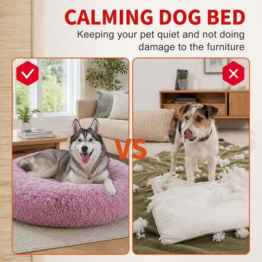 Dog Cat Pet Calming Bed Warm Soft Plush Round Nest Comfy Sleeping Cave MEL 120cm