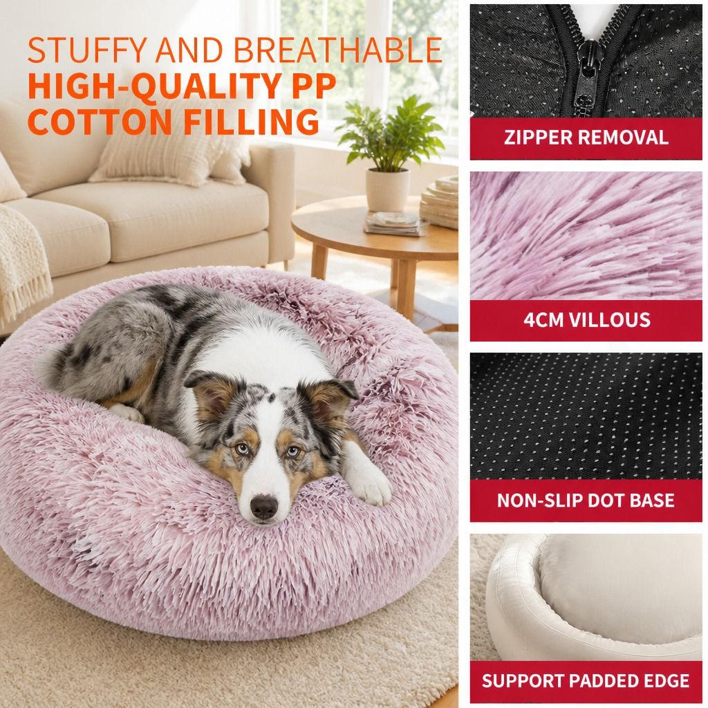 Dog Cat Pet Calming Bed Warm Soft Plush Round Nest Comfy Sleeping Cave MEL 120cm