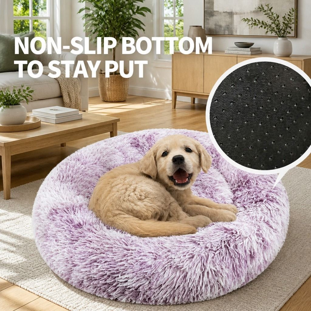 Dog Cat Pet Calming Bed Warm Soft Plush Round Nest Comfy Sleeping Cave MEL 120cm