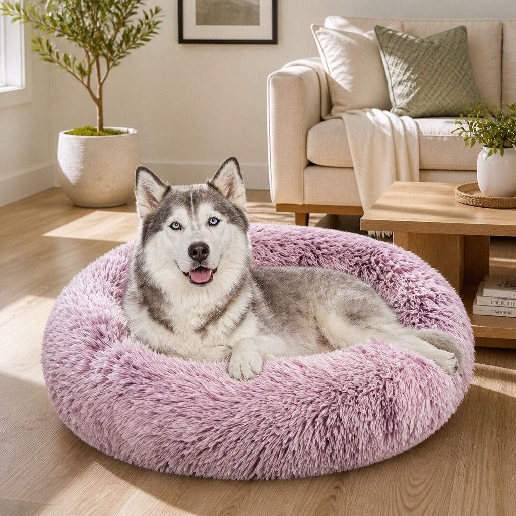 Dog Cat Pet Calming Bed Warm Soft Plush Round Nest Comfy Sleeping Cave MEL 120cm