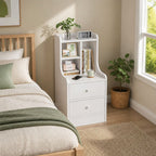 HYGGO White Nightstand Bedside Table Wooden Drawers Storage Sections Curved Sides