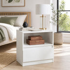HYGGO Bedside Table Drawer Nightstand Warm White Open Storage Compact 47cm Modern