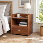 HYGGO Vintage Bedside Table Walnut Nightstand Drawer Open Shelf White Knob 48cm