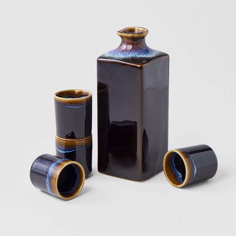 Sake Set 5pcs Tenmokku With Bright Blue Glaze