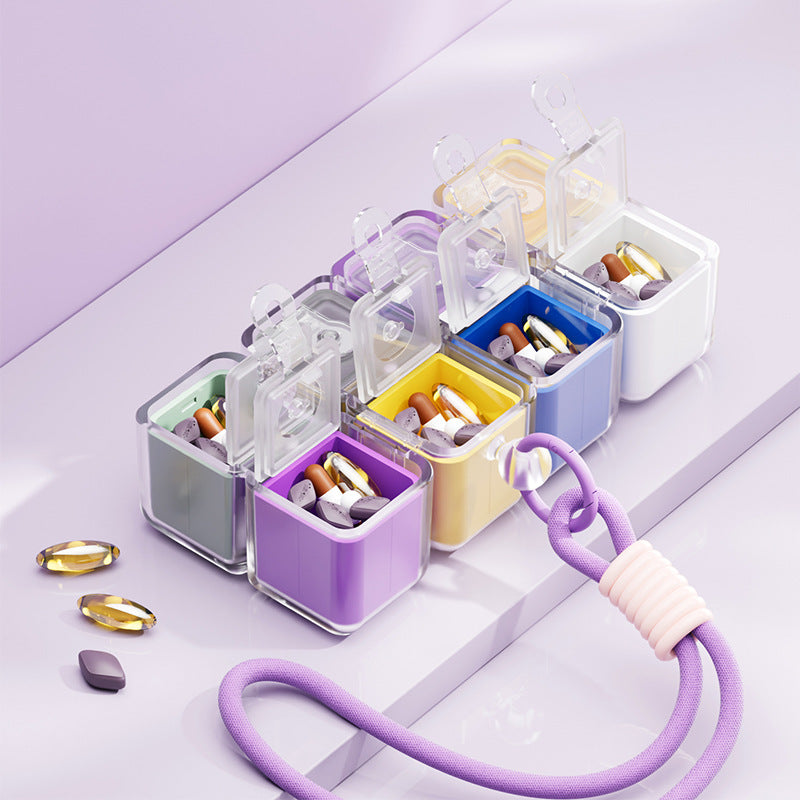 Multicolor 8-Grid Magic Cube Pill Box with Lanyard - Portable Weekly Sealed Tablet Organizer & Dispenser