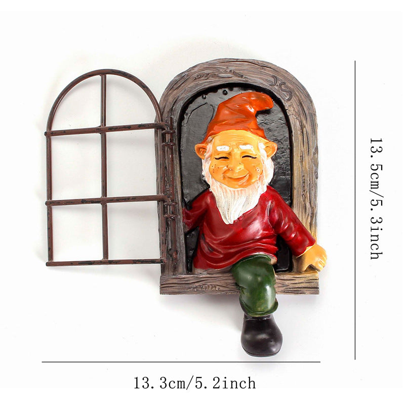 Green-clad White-bearded Old Man Climbing Window Gnome Figurine - Resin Craft Ornament, Garden Cartoon Statue Decoration