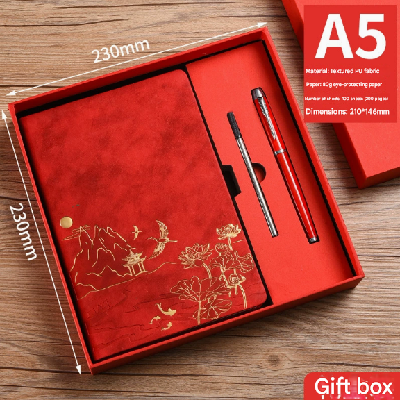 Green A5 Premium Notebook Gift Set with Pen - PU Leather Journal with Gold Oriental Art - 200 Pages Business Diary & Corporate Gift Box (Lotus & Crane Design)