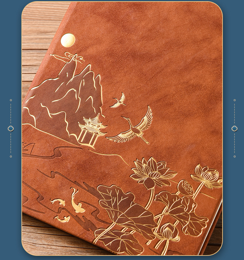 Green A5 Premium Notebook Gift Set with Pen - PU Leather Journal with Gold Oriental Art - 200 Pages Business Diary & Corporate Gift Box (Lotus & Crane Design)