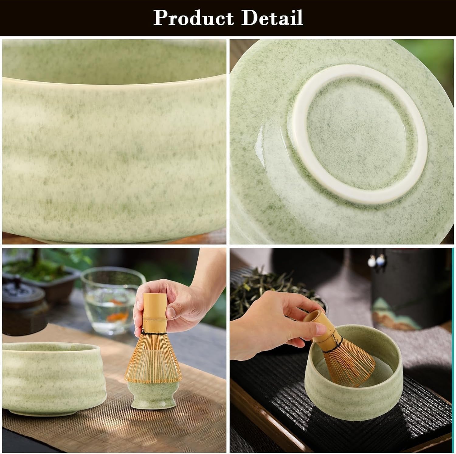 Matcha Color Ceremony 5-Piece Matcha Ceramic Tool Set - Gift Box with Whisk (Chasen), Whisk Holder (Chasen Kuse-Naoshi), Bowl, Sieve, and Scoop