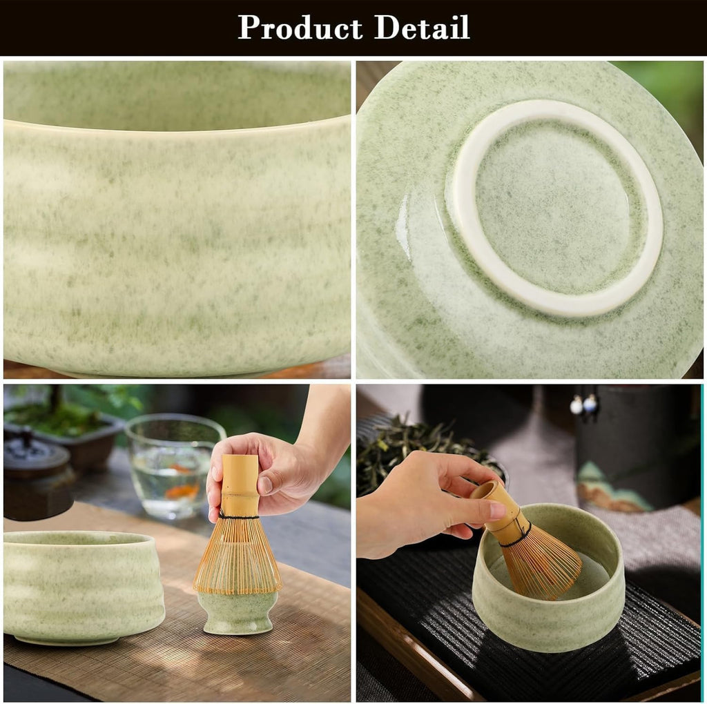 Green Ceremony 4-Piece Matcha Ceramic Tool Set - Gift Box with Whisk (Chasen), Whisk Holder (Chasen Kuse-Naoshi), Bowl, and Scoop