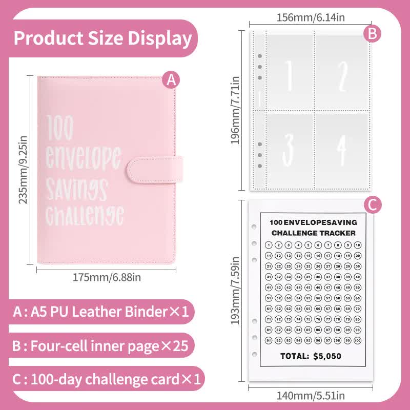 Blue 100 Envelope Savings Challenge Binder - A5 Budget Planner & Money Organizer with Zipper Pockets - Perfect for Couples & Families