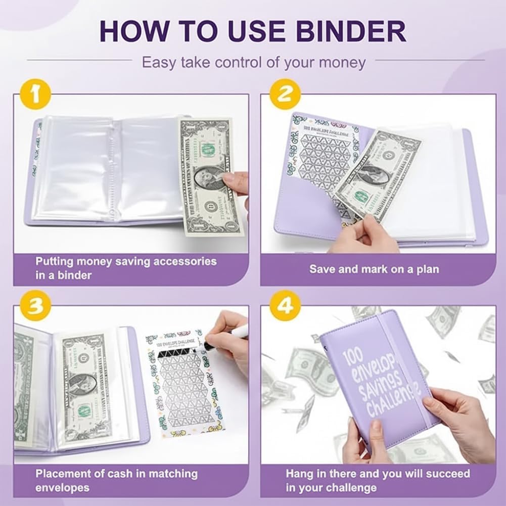 Blue 100 Days Envelope Savings Challenge with 50 Clear Double-Sided Pages - Portable A6 Size for Budgeting & Financial Goals