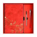 Red A5 Premium Notebook Gift Set with Pen - Red PU Leather Journal with Gold Oriental Art - 200 Pages Business Diary & Corporate Gift Box (Lotus & Crane Design)