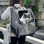 Grey Breathable Pet Carrier Backpack - 35 x 29 x 41 cm Oxford Fabric Travel Bag with Mesh Ventilation, Structured Support and Plush Mat for Cats and Small Dogs