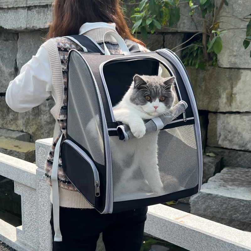 Grey Breathable Pet Carrier Backpack - 35 x 29 x 41 cm Oxford Fabric Travel Bag with Mesh Ventilation, Structured Support and Plush Mat for Cats and Small Dogs