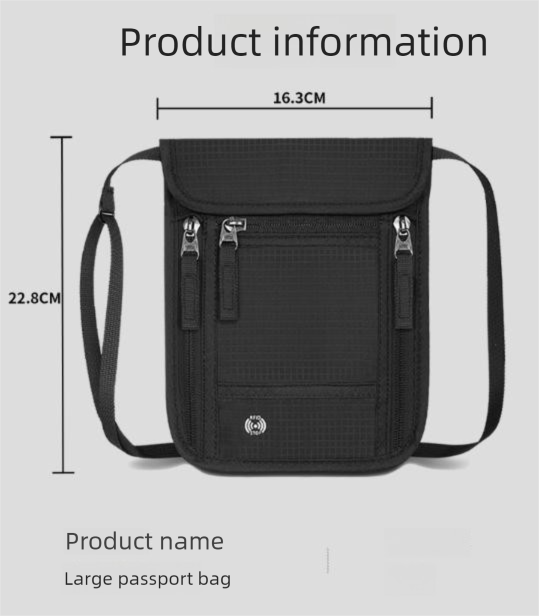 Black RFID Neck Passport Holder - 16.3 x 22.8 cm Lightweight Nylon and Polyester Crossbody Travel Wallet and Document Organiser for Phone, Cards, Cash and Tickets