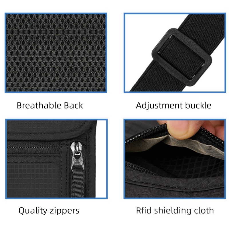 Black RFID Neck Passport Holder - 16.3 x 22.8 cm Lightweight Nylon and Polyester Crossbody Travel Wallet and Document Organiser for Phone, Cards, Cash and Tickets