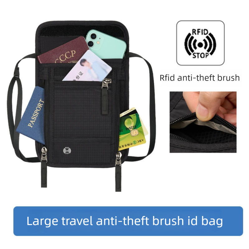 Khaki RFID Neck Passport Holder - 16.3 x 22.8 cm Lightweight Nylon and Polyester Crossbody Travel Wallet and Document Organiser for Phone, Cards, Cash and Tickets