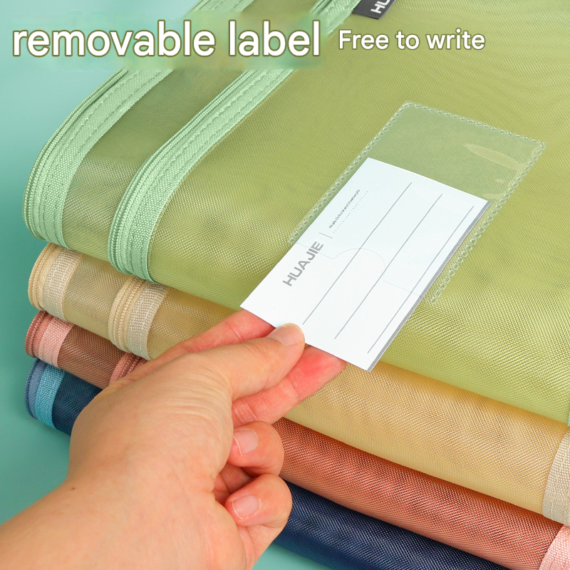 Morandi blue Double Layer Mesh File Bag with Handle Large Capacity Student Subject Organizer