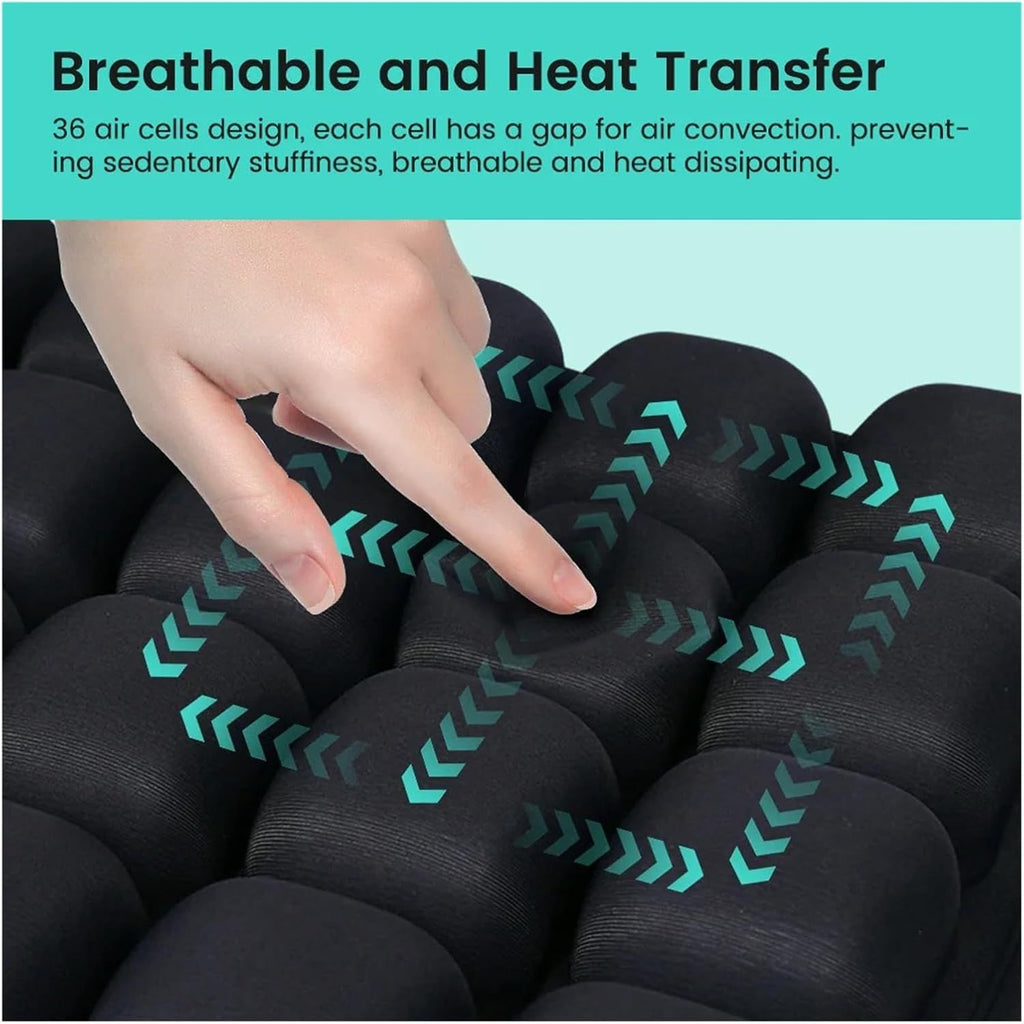 Black Portable 3D Aircell Travel Inflatable Seat Cushion with Built-in Pump – 36 Airbags Ergonomic Pressure Relief Pad with Lycra Cover & Non-Slip Base for Office Car Flight Long Sitting