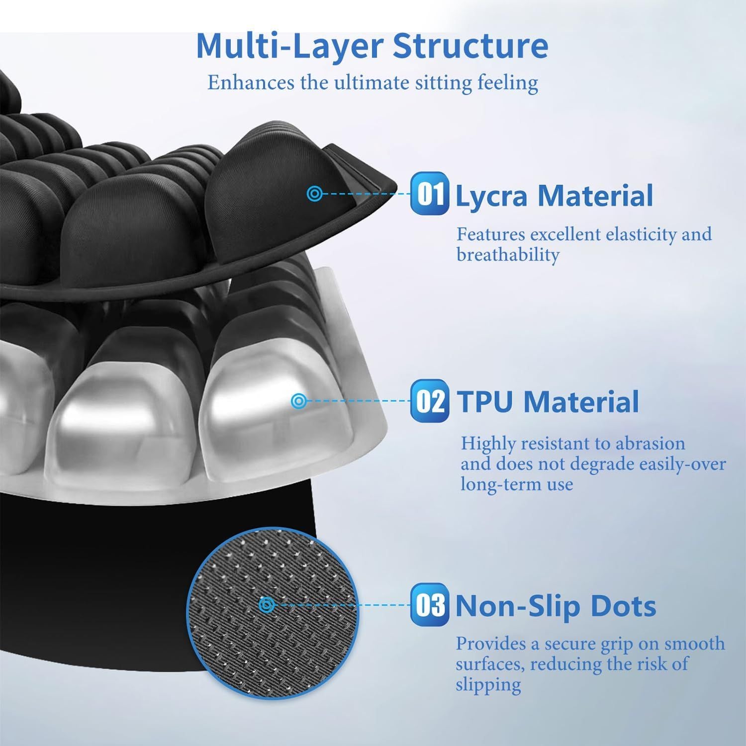 Dark Grey Portable 3D Aircell Travel Inflatable Seat Cushion with Built-in Pump – 36 Airbags Ergonomic Pressure Relief Pad with Lycra Cover & Non-Slip Base for Office Car Flight Long Sitting