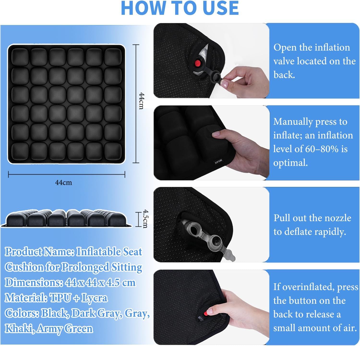 Purple Portable 3D Aircell Travel Inflatable Seat Cushion with Built-in Pump – 36 Airbags Ergonomic Pressure Relief Pad with Lycra Cover & Non-Slip Base for Office Car Flight Long Sitting