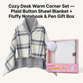 Warm Cozy Study and Office Corner Set with Wearable Dual Layer Fleece Shawl Blanket and Fluffy Plush A5 Lock Diary & Pen Gift Box - Plaid Thermal Nap Wrap and White Cute Stationery Kit for Workers and Students