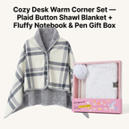 Warm Cozy Study and Office Corner Set with Wearable Dual Layer Fleece Shawl Blanket and Fluffy Plush A5 Lock Diary & Pen Gift Box - Plaid Thermal Nap Wrap and White Cute Stationery Kit for Workers and Students