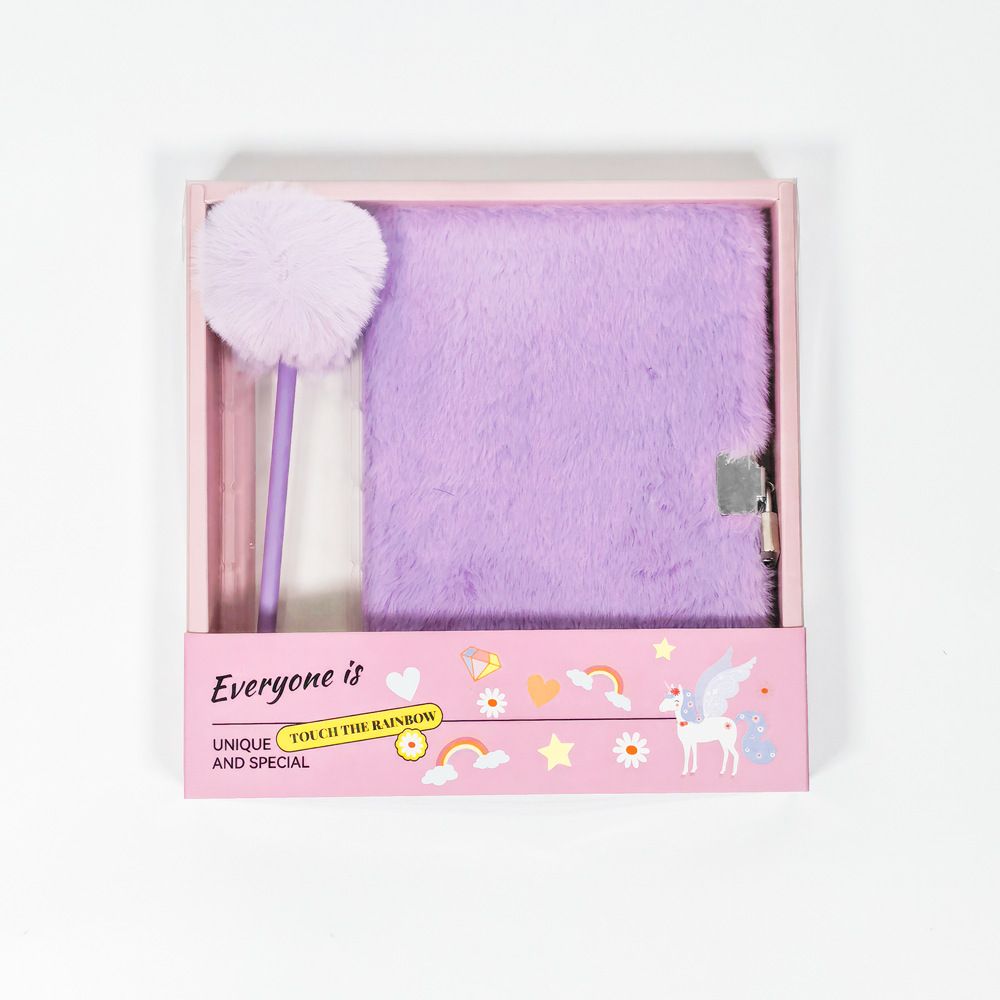 Warm Cozy Study and Office Corner Set with Wearable Dual Layer Fleece Shawl Blanket and Fluffy Plush A5 Lock Diary & Pen Gift Box - Plaid Thermal Nap Wrap and Purple Cute Stationery Kit for Workers and Students