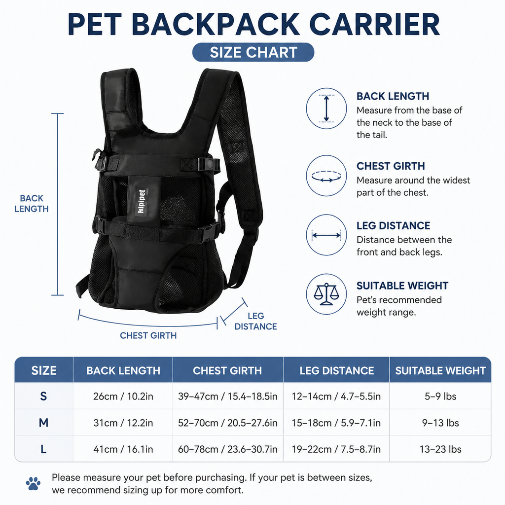 Black Hands Free Adjustable Dog Carrier Backpack with 3-Point Support, Reserved Tail Opening and Wide Padded Straps - Chest & Back Dual Use, Breathable on Both Sides and Quick-release Safety Buckles for Walking Bike Travel Outdoor Use, L Size