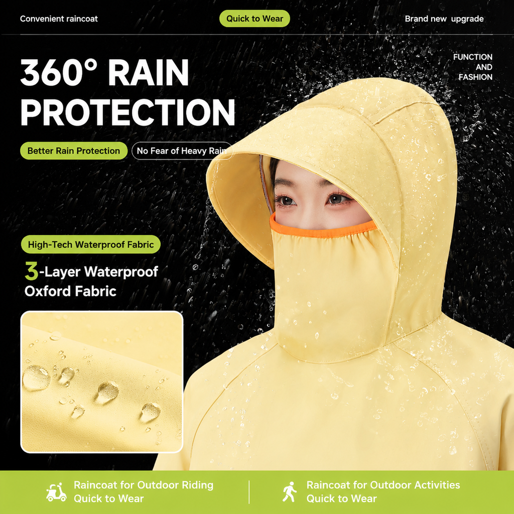 Yellow Full Coverage & Extended Cycling Hooded Rain Poncho with Detachable Shoe Covers, L Size – Thickened Waterproof Oxford Motorcycle Raincoat with Face-Protection Elastic Collar, Large Storage Pocket and Foldable Sleeve Cover for Men Women Outdoor Use