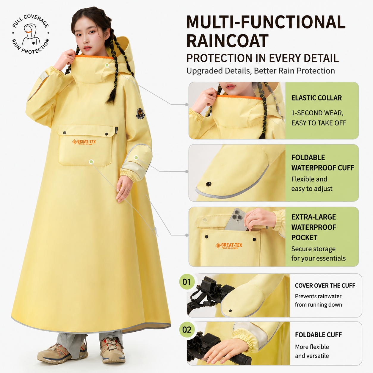 White Full Coverage & Extended Cycling Hooded Rain Poncho with Detachable Shoe Covers, 2XL Size – Thickened Waterproof Oxford Motorcycle Raincoat with Face-Protection Elastic Collar, Large Storage Pocket and Foldable Sleeve Cover for Men Women Outdoor Use