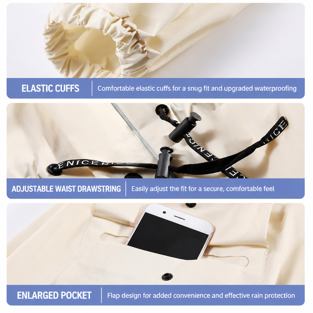White Full-Cover Hooded EVA Raincoat, Long Trench Coat Waterproof Rain Poncho with Adjustable Waist & Collar Drawstring, Zipper & Snap Windproof Closure, Extended Clear Brim and Covered Pockets for Dailywear Cycling Hiking Camping Use, M Size
