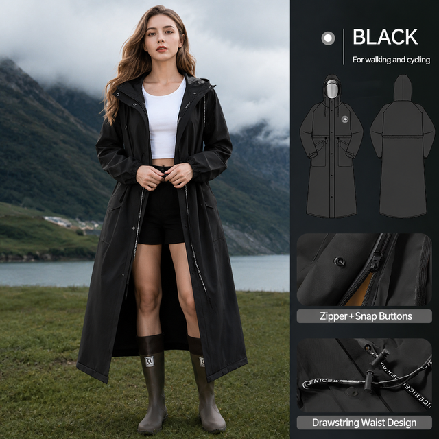 Black Full-Cover Hooded EVA Raincoat, Long Trench Coat Waterproof Rain Poncho with Adjustable Waist & Collar Drawstring, Zipper & Snap Windproof Closure, Extended Clear Brim and Covered Pockets for Dailywear Cycling Hiking Camping Use, M Size