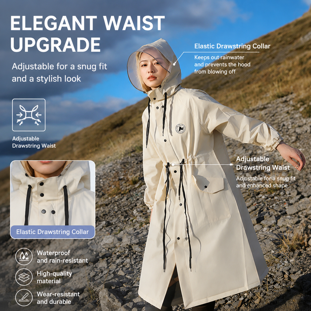 Green Full-Cover Hooded EVA Raincoat, Long Trench Coat Waterproof Windproof Rain Poncho with Adjustable Waist & Collar Drawstring, Extended Clear Brim and Covered Pockets for Dailywear Cycling Hiking Camping Use, L Size