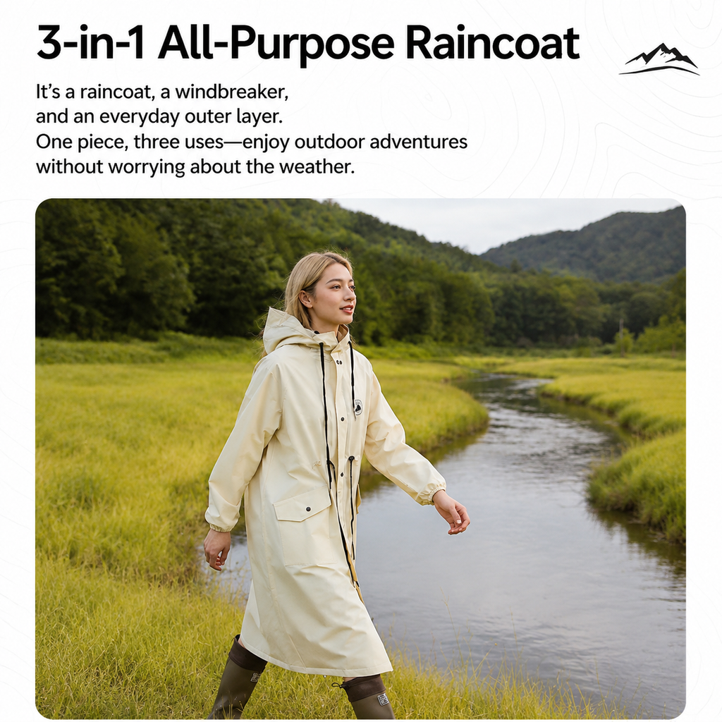 Green Full-Cover Hooded EVA Raincoat, Long Trench Coat Waterproof Windproof Rain Poncho with Adjustable Waist & Collar Drawstring, Extended Clear Brim and Covered Pockets for Dailywear Cycling Hiking Camping Use, XL Size