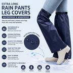 Navy Blue Waterproof Rain Leg Covers and Long Half Rain Pants, Quick Pull-On with Adjustable Elastic Top & Snap Closure Cuffs – Lightweight & Reusable, Windproof & Mudproof for Commuting, Cycling, Garden and Outdoor Activities (1 Pair 4XL)