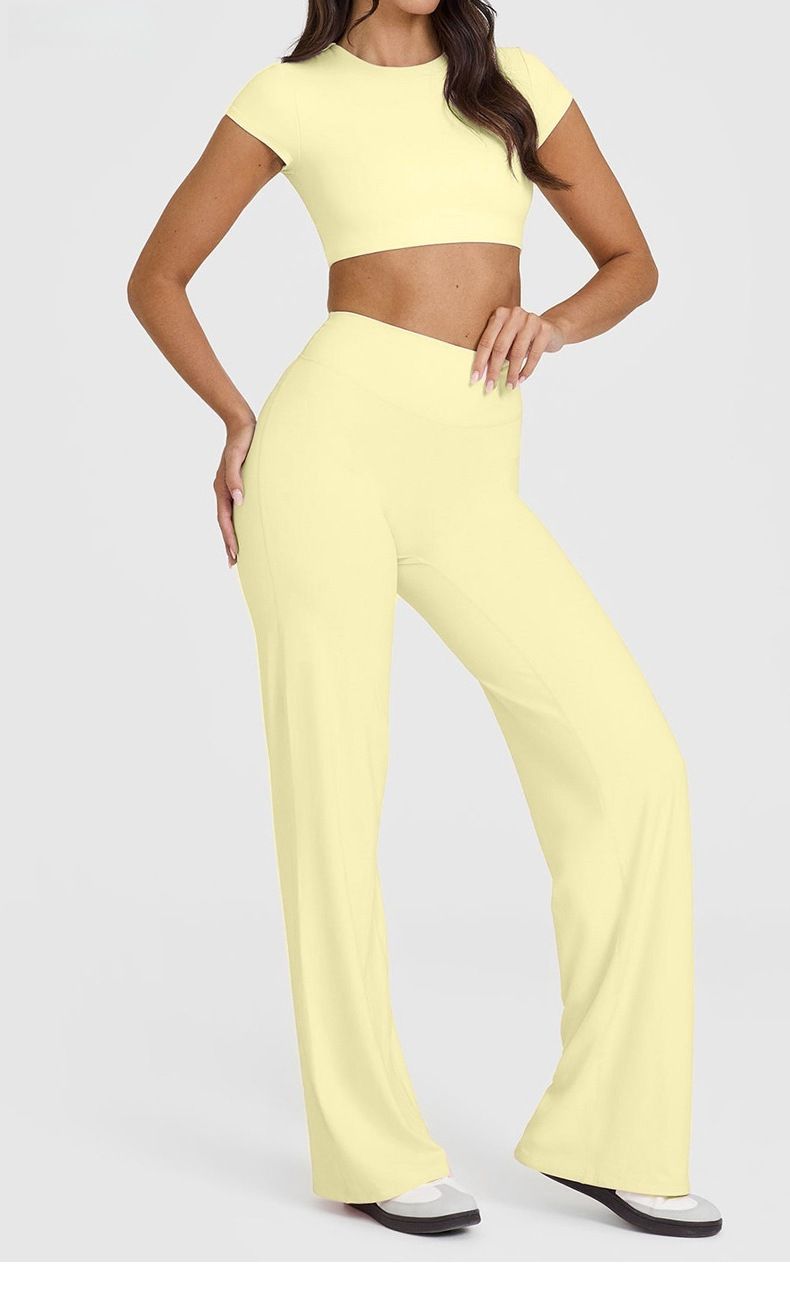 S Size Yellow High Waisted Flare Yoga Pants for Women - M-Shaped Peach Hip Lifting Wide-Leg Workout Trousers with Soft & Skin Feel Four Way Stretch Fabric, Breathable & Quick Dry